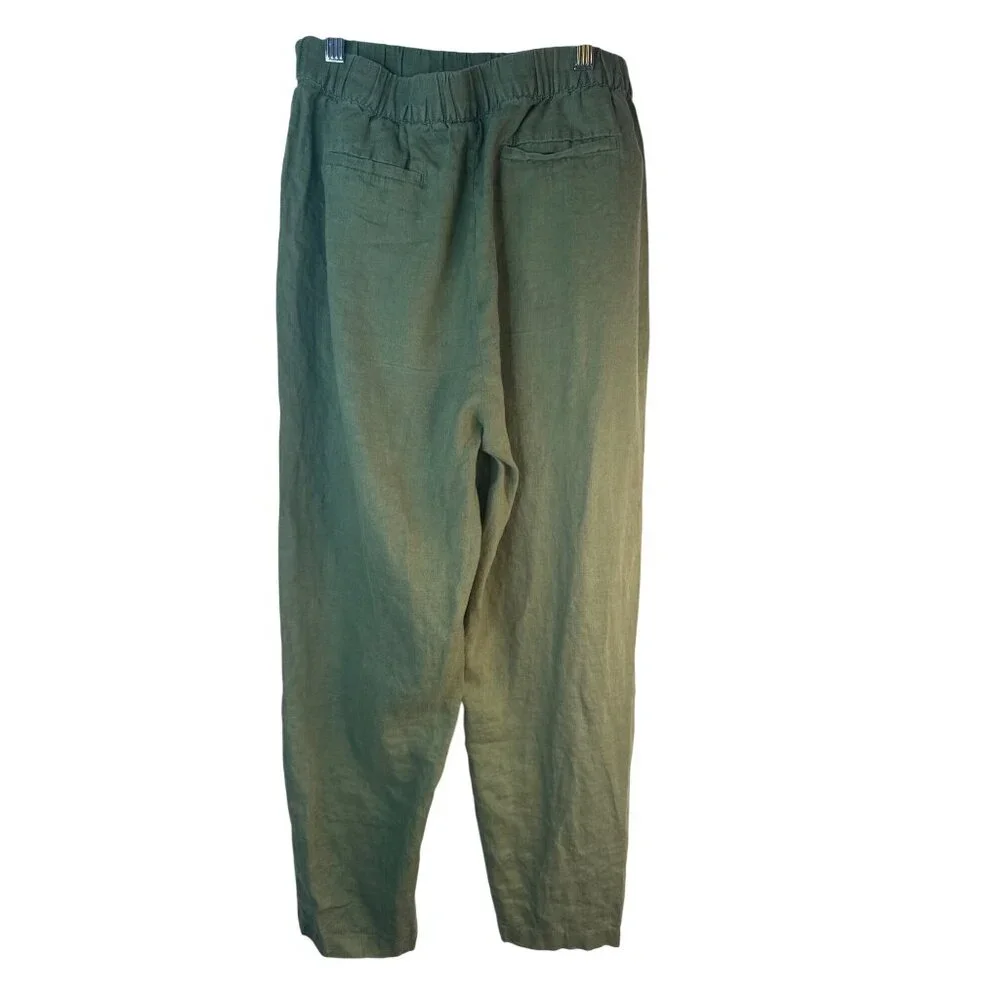 ZARA Womens Small Olive Green Linen Pants Elastic Waist Relaxed Fit